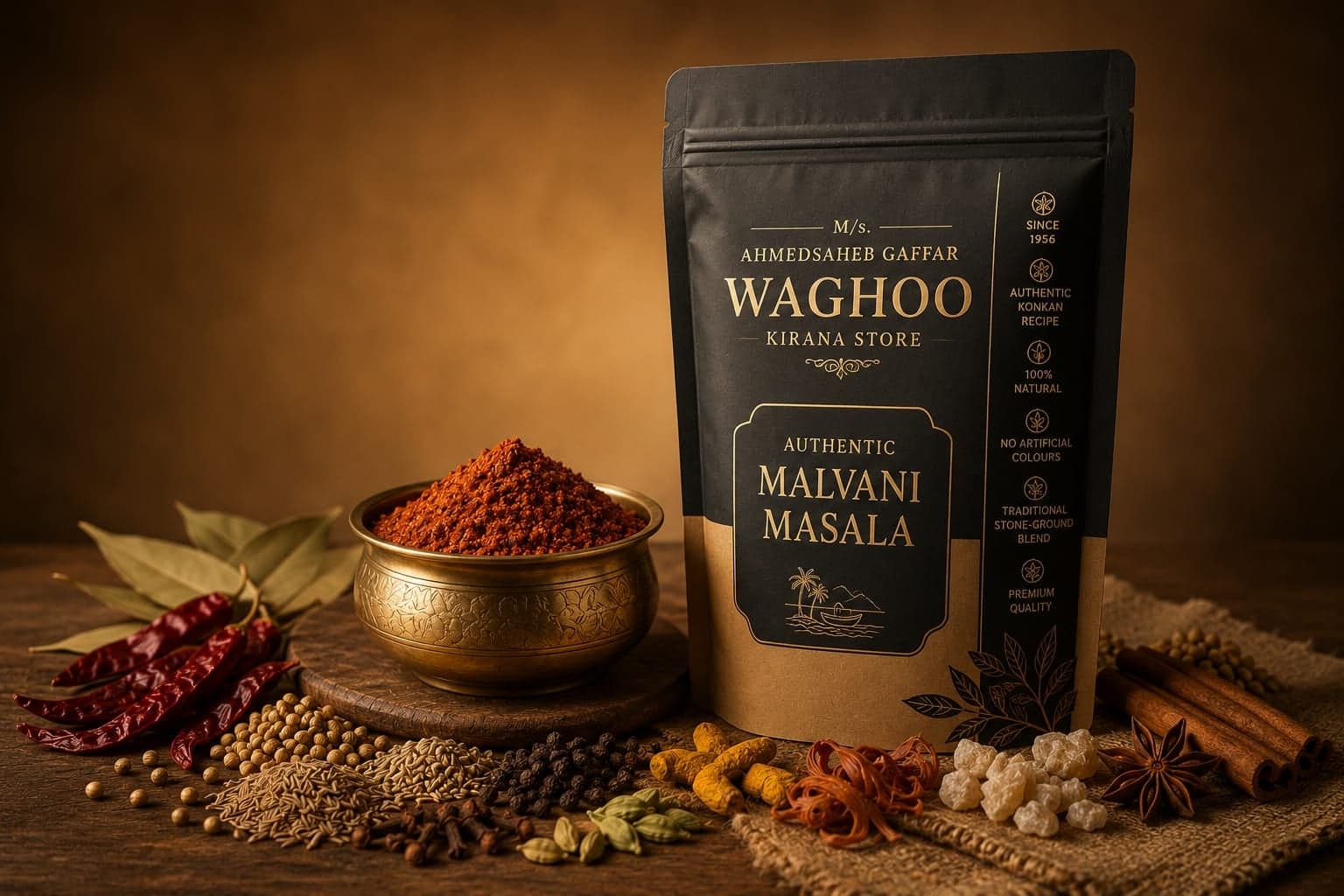 Pouch of authentic Malvani masala beside a bowl of ground spice blend.