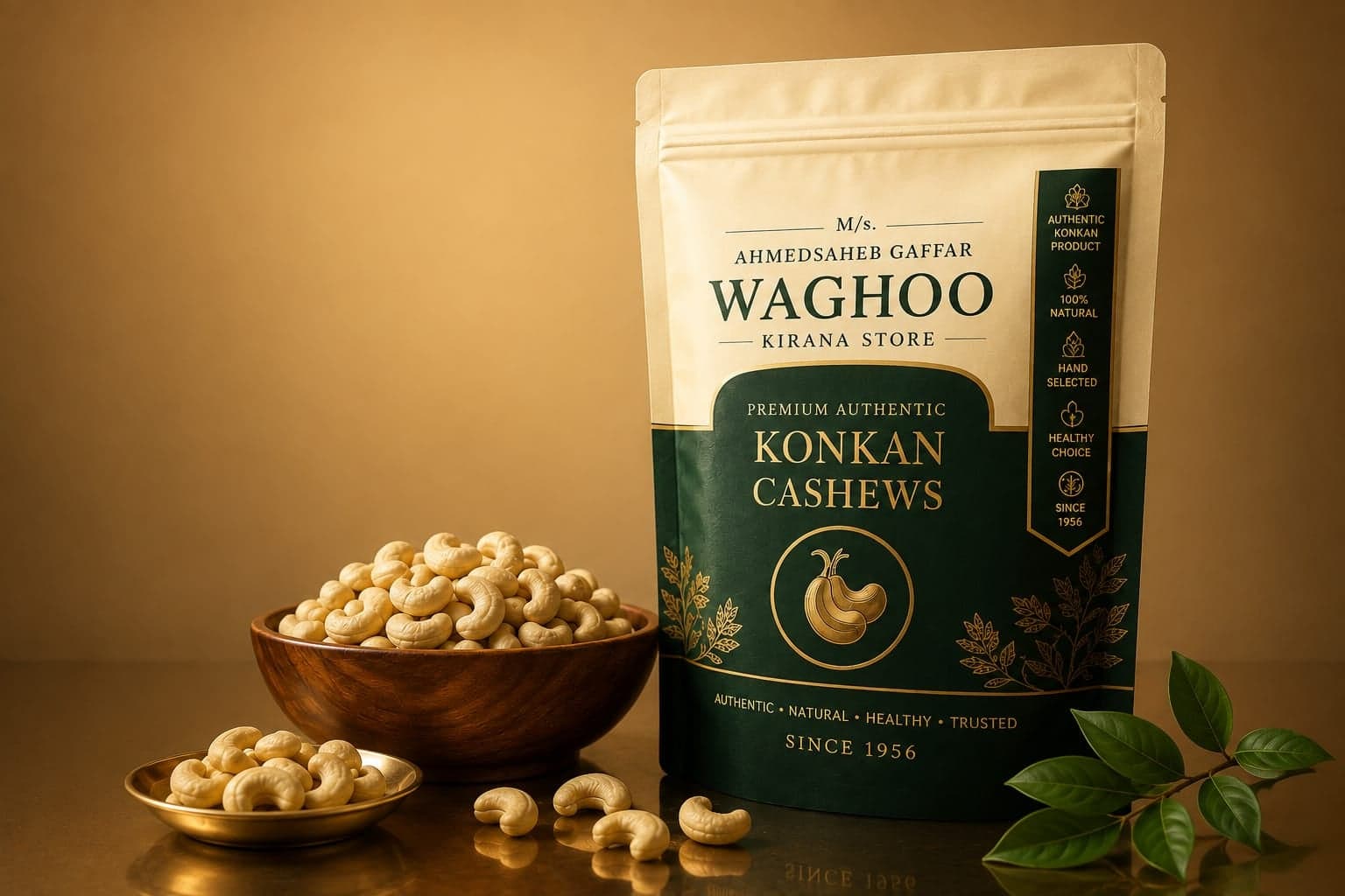 Pouch of premium Kokan cashews beside a bowl of whole cashew nuts.