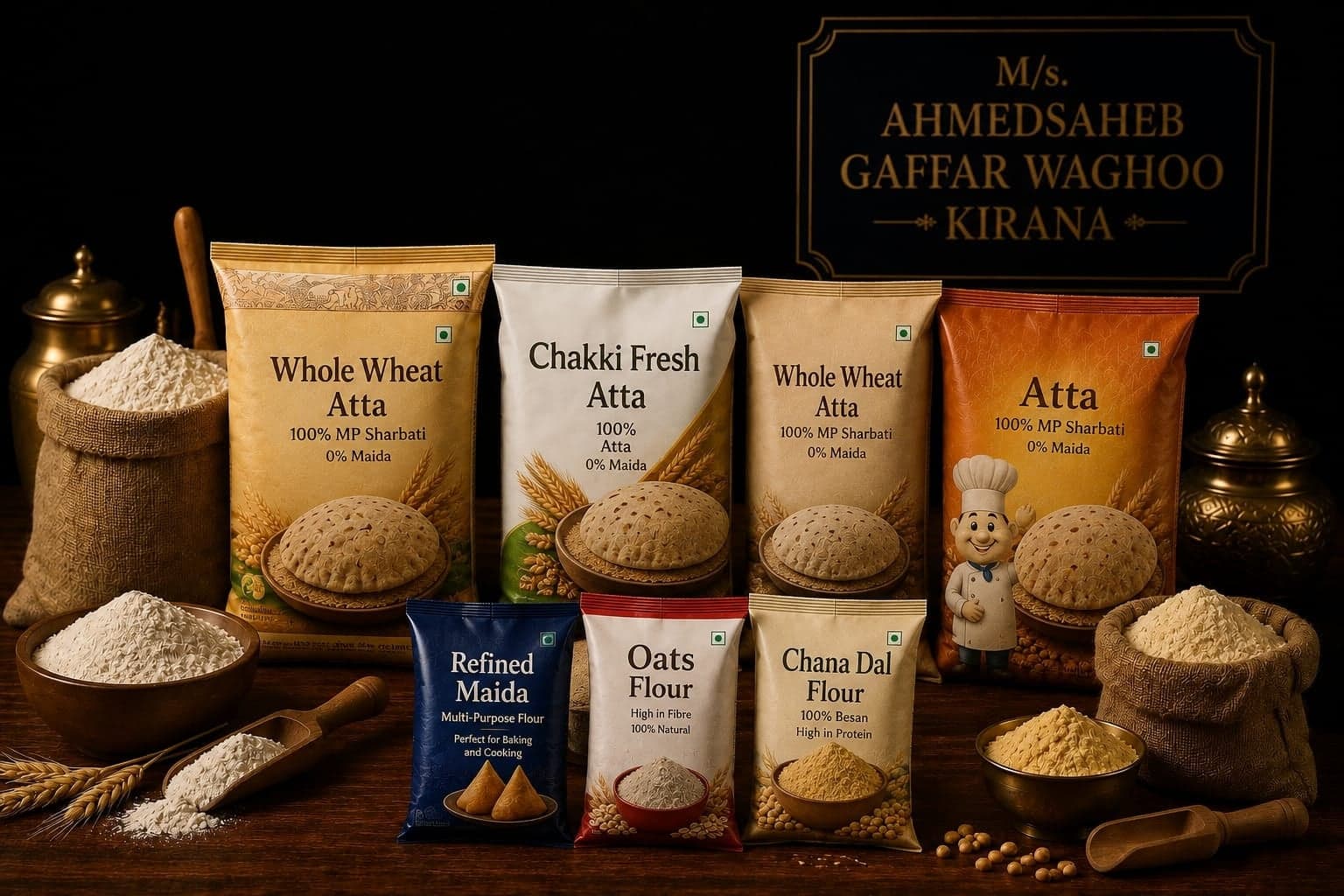 Bags of atta and flour stacked on the counter.