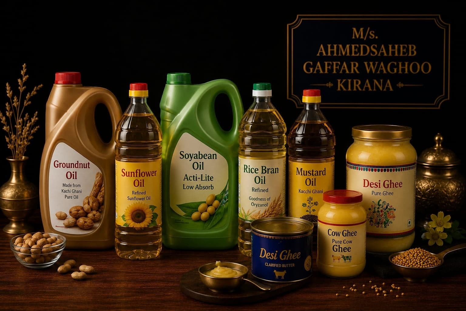 Bottles of cooking oil alongside jars of ghee.