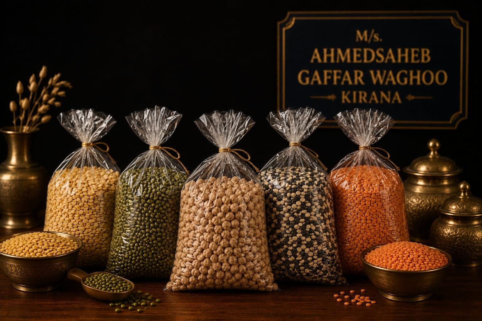 Assorted loose dal and pulses tied in clear bags on the counter.