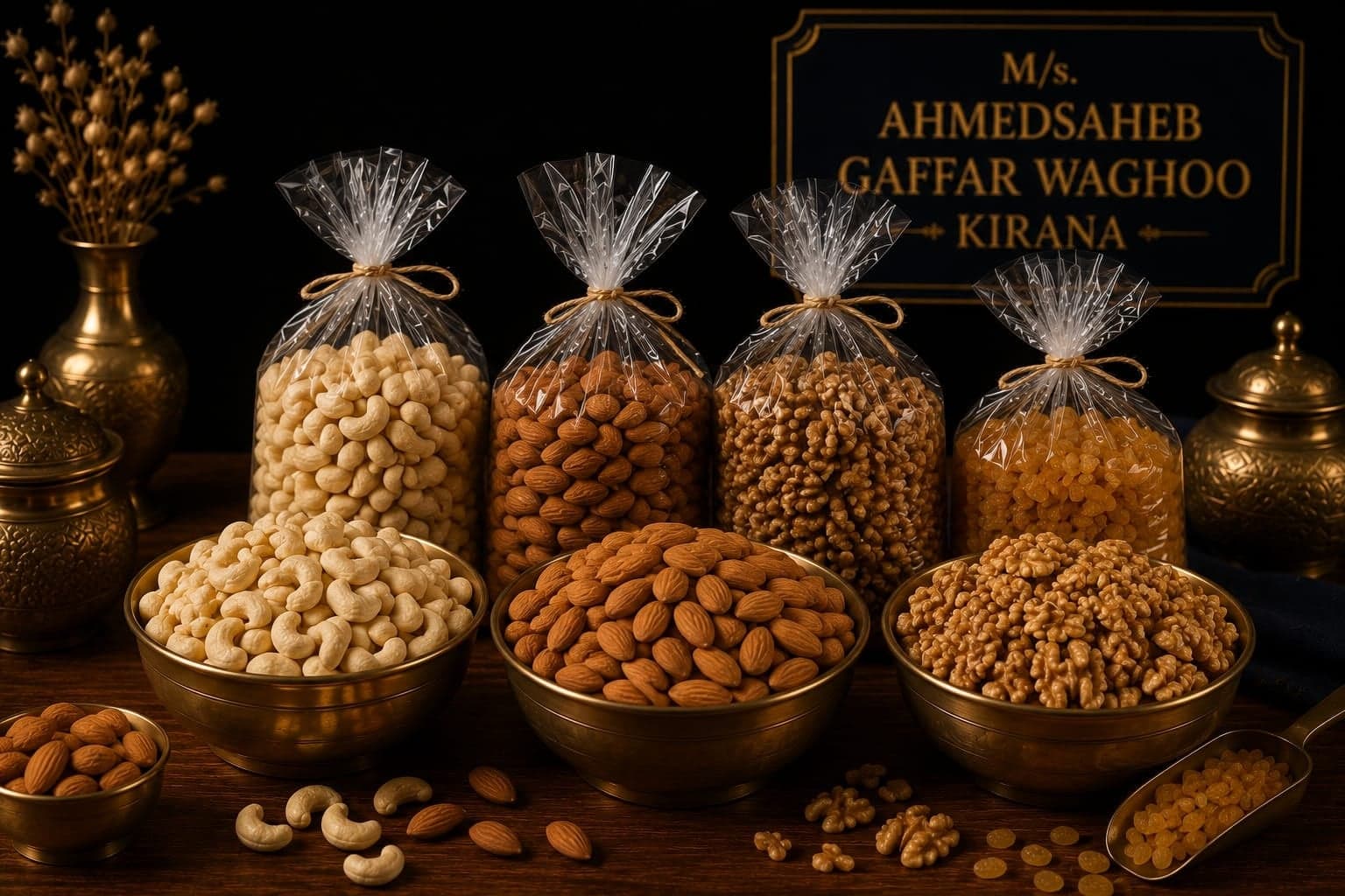 Bowls of cashews, almonds, and walnuts.