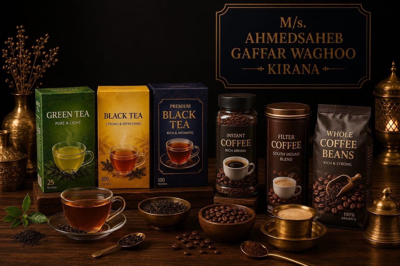 Boxes of tea and jars of coffee beans on the counter.